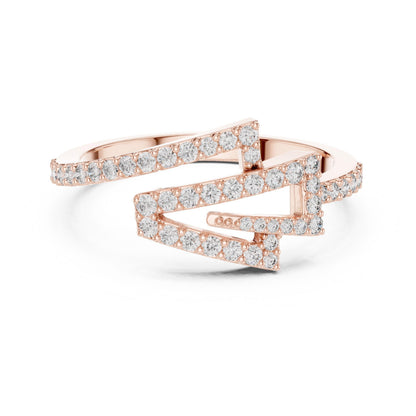 Riora zigzag moissanite diamond ring with geometric wrap design, minimalist stackable wedding band on a white background.