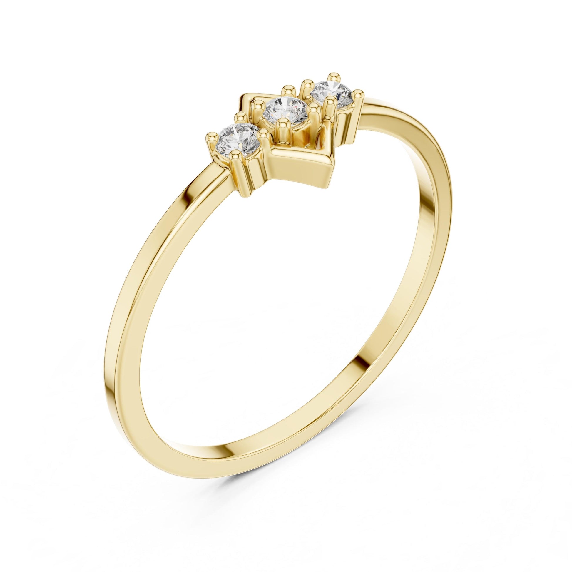 Rose gold three stone moissanite diamond ring featuring minimalist design, perfect for engagement or anniversary jewelry.