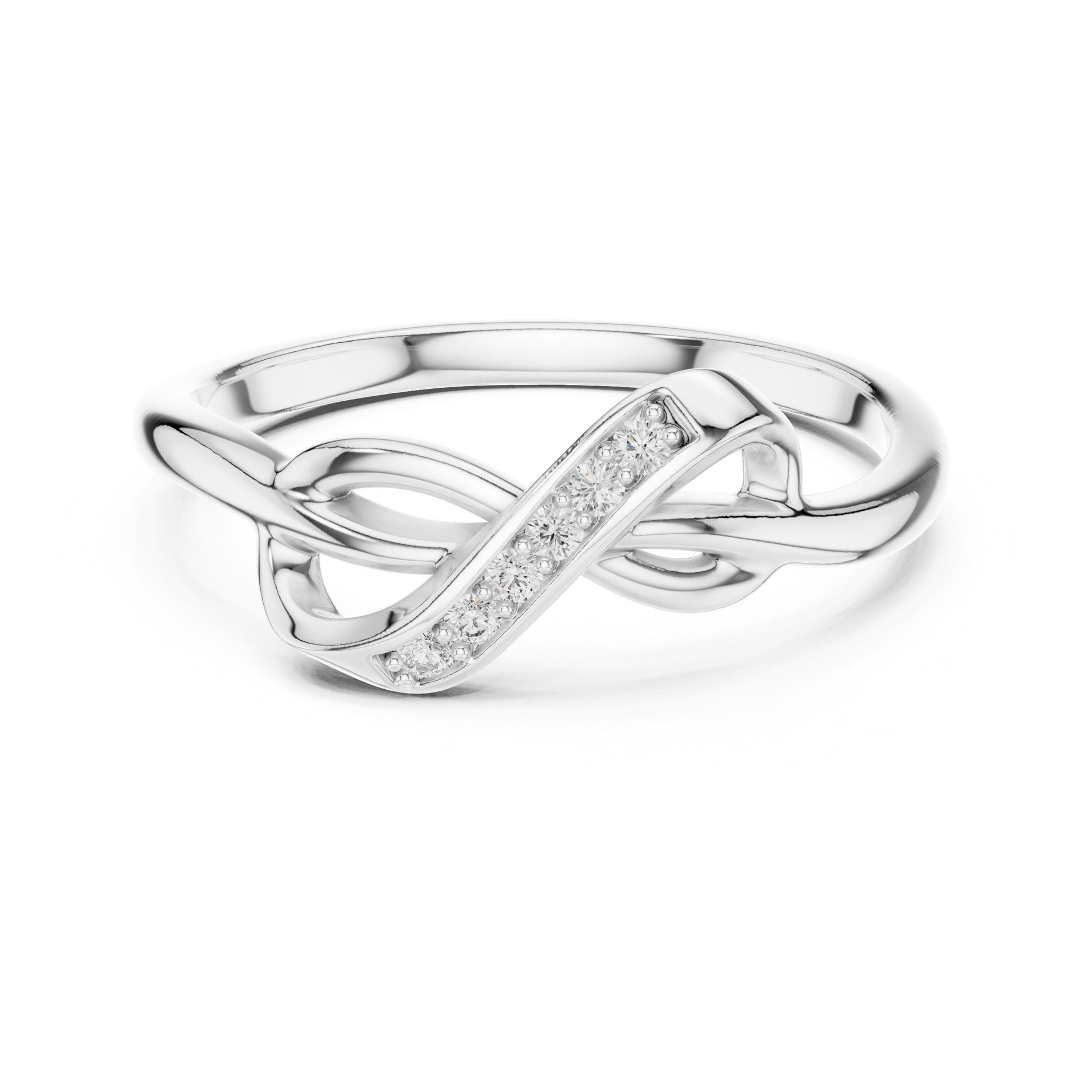Riora Infinity Knot Moissanite diamond ring, minimalist promise band with stackable design and elegant infinity symbol.