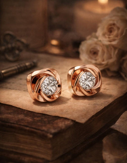 Riora Moissanite diamond stud earrings in gold, rose, and silver with minimalist sparkling design for wedding or bridal jewelry.