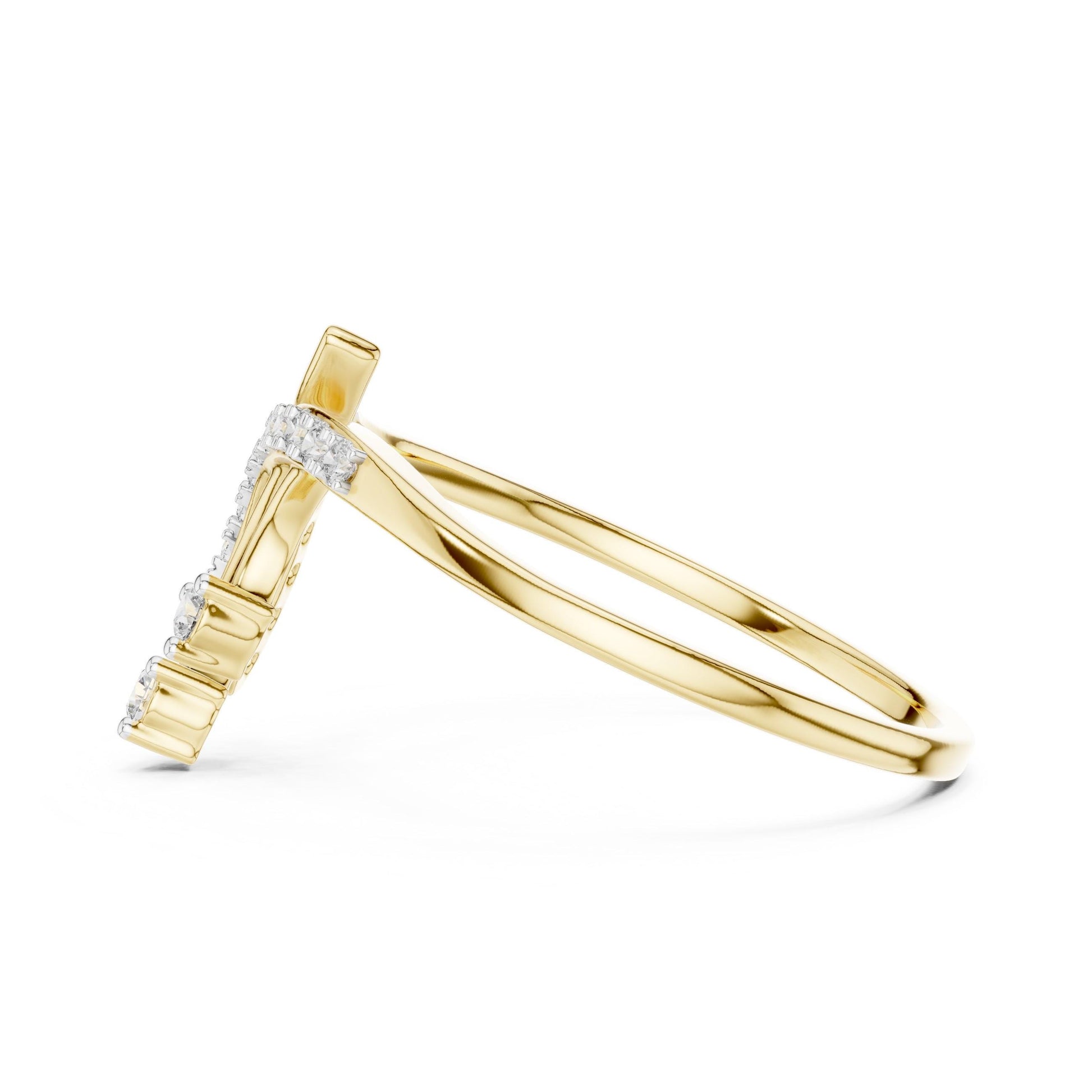 Riora moissanite curved diamond ring in rose gold, minimalist stacking design with sparkling gemstones on silver jewelry.