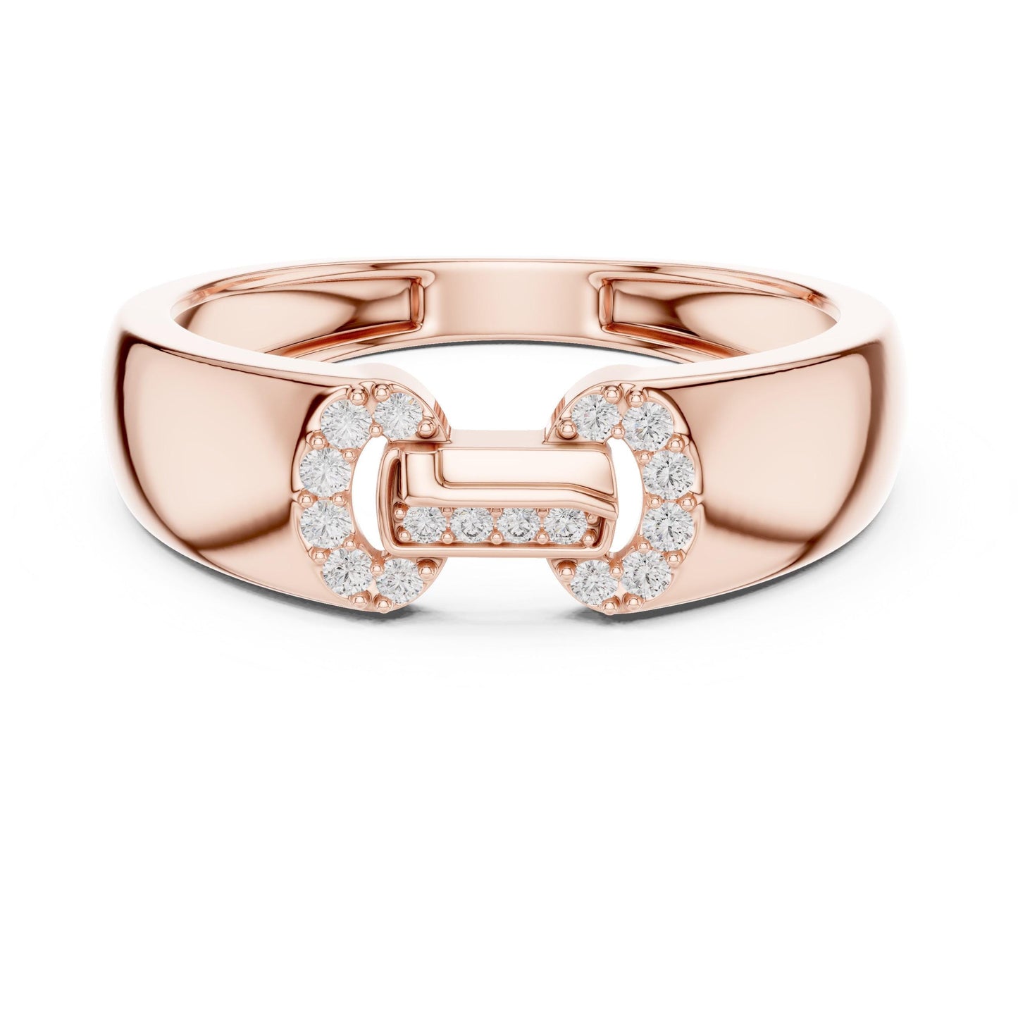 Rose gold minimalist moissanite diamond band ring by Riora, featuring dainty stacking design for wedding or anniversary jewelry.