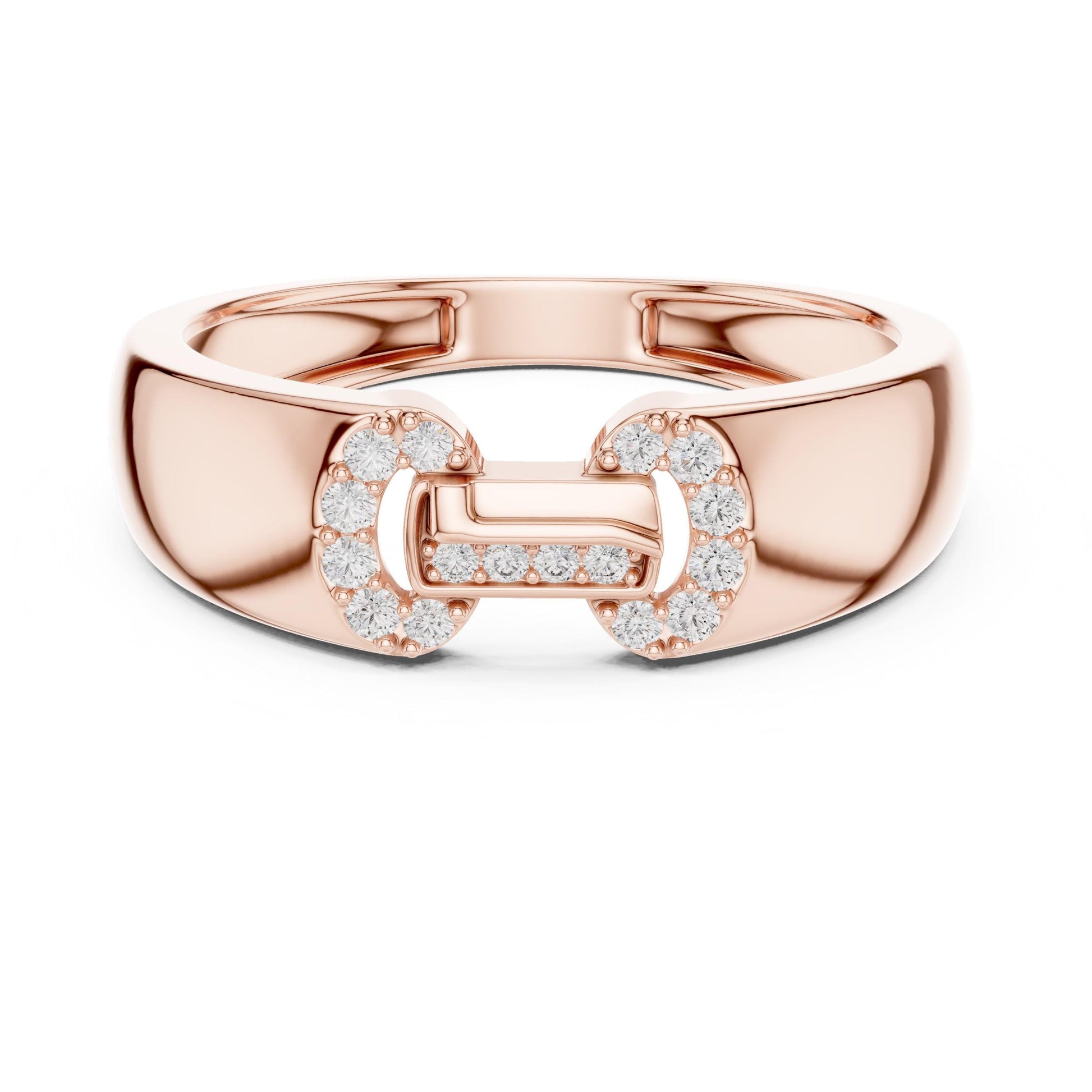 Rose gold minimalist moissanite diamond band ring by Riora, featuring dainty stacking design for wedding or anniversary jewelry.