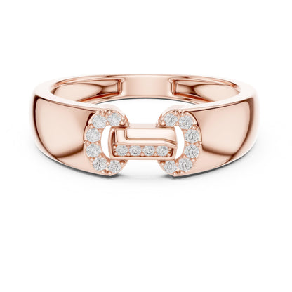 Rose gold minimalist moissanite diamond band ring by Riora, featuring dainty stacking design for wedding or anniversary jewelry.