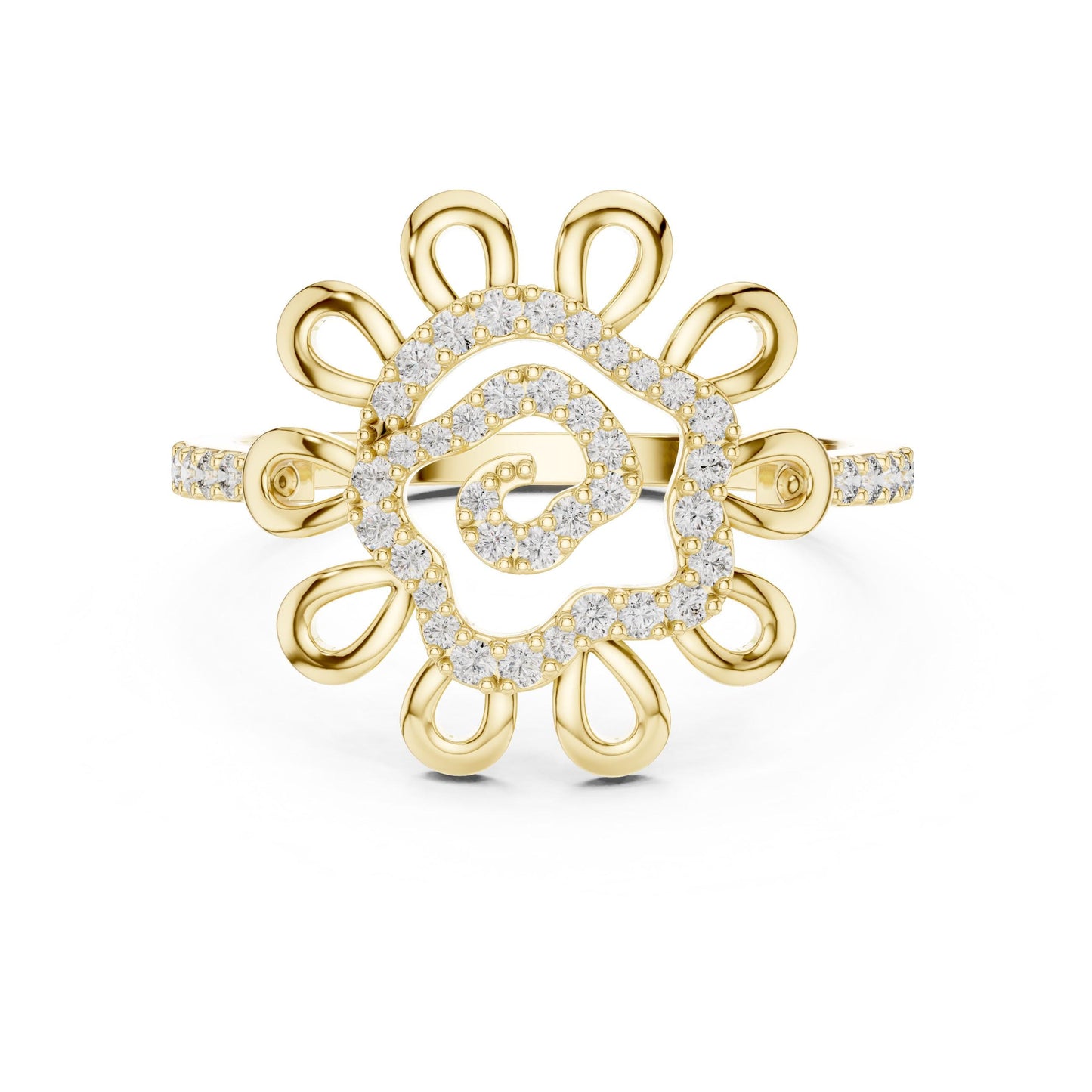 Vintage-inspired floral moissanite diamond statement ring by Riora featuring intricate flower design and bridal jewelry style.