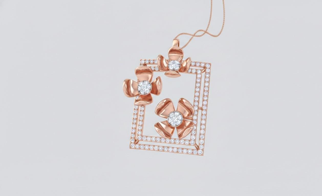 Floral Square Pendant Necklace – Gold Rose Silver, 22in Adjustable Chain, Hypoallergenic Gift for Her