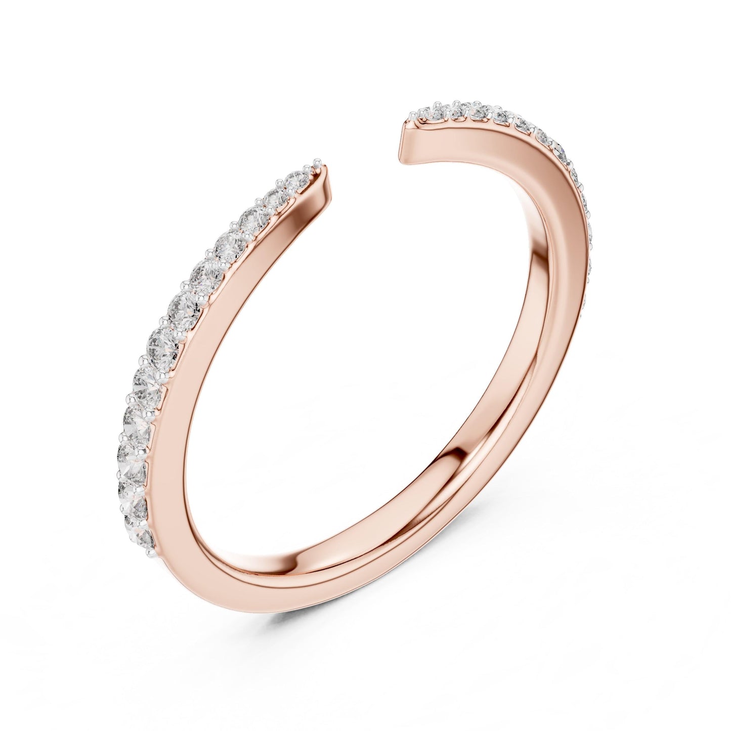 Rose gold open cuff moissanite ring with adjustable diamond-style half eternity design by Riora, showcasing minimalist elegance.