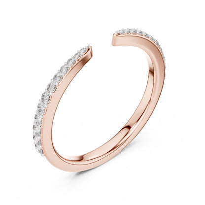 Rose gold open cuff moissanite ring with adjustable diamond-style half eternity design by Riora, showcasing minimalist elegance.