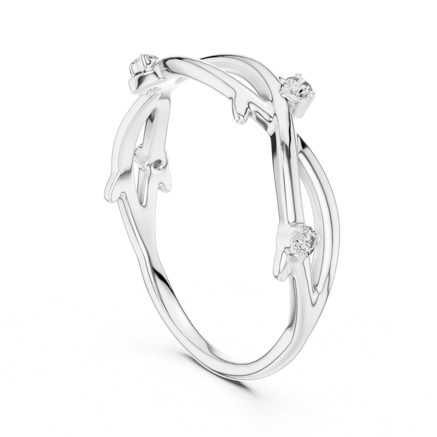 Riora moissanite branch ring with rose gold finish, nature-inspired twig band, minimalist diamond look jewelry.