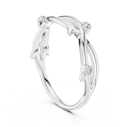 Riora moissanite branch ring with rose gold finish, nature-inspired twig band, minimalist diamond look jewelry.