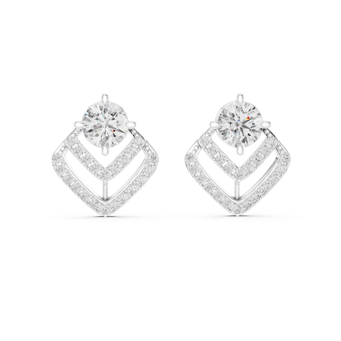 Riora geometric moissanite diamond stud earrings in gold and rose gold with minimalist triangle design on a white background.