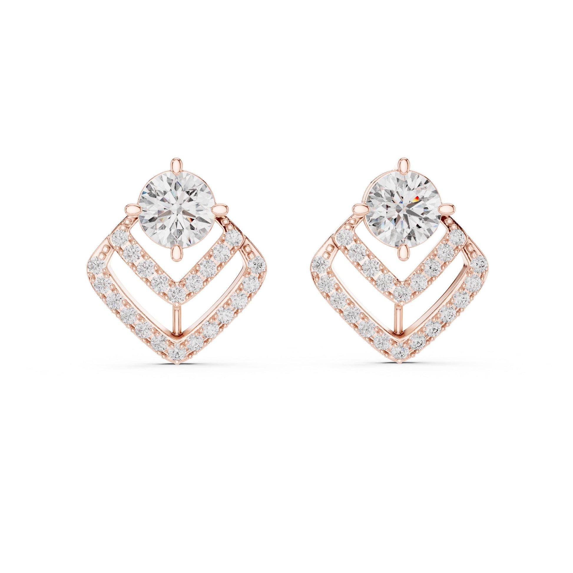 Riora geometric moissanite diamond stud earrings in gold and rose gold with minimalist triangle design, perfect for elegant jewelry.
