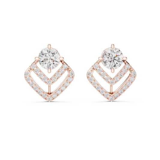 Riora geometric moissanite diamond stud earrings in gold and rose gold with minimalist triangle design, perfect for elegant jewelry.