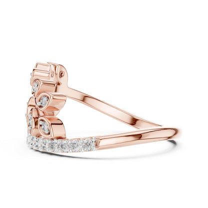 Riora Moissanite leaf wrap ring with gold and silver open band, nature-inspired botanical design, elegant engagement ring.