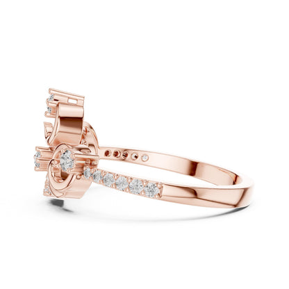 Rose gold swirl moissanite diamond ring for women with twisted band, elegant promise jewelry by Riora.