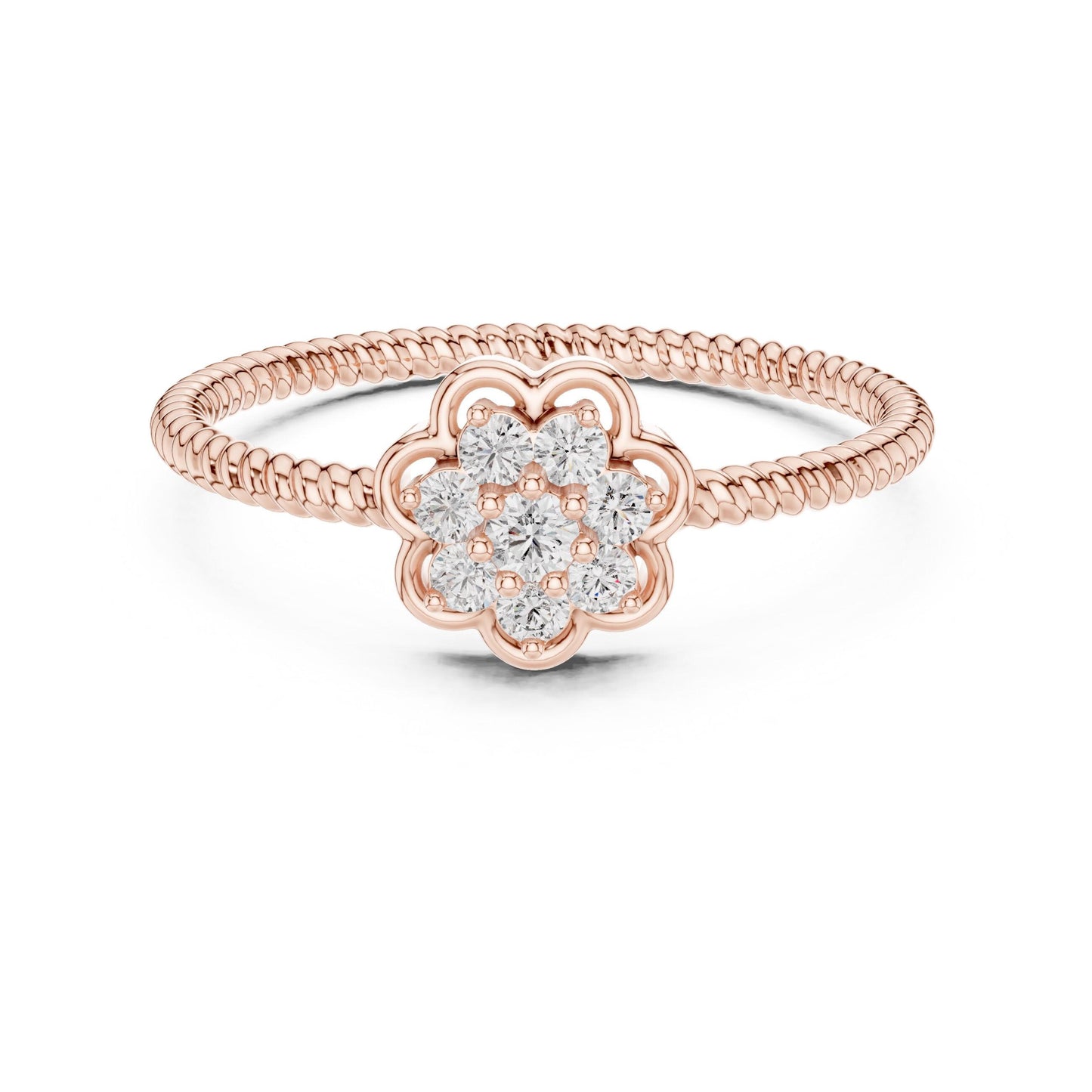 Rose gold floral moissanite diamond cluster ring with vintage flower design, perfect as an engagement or promise band.