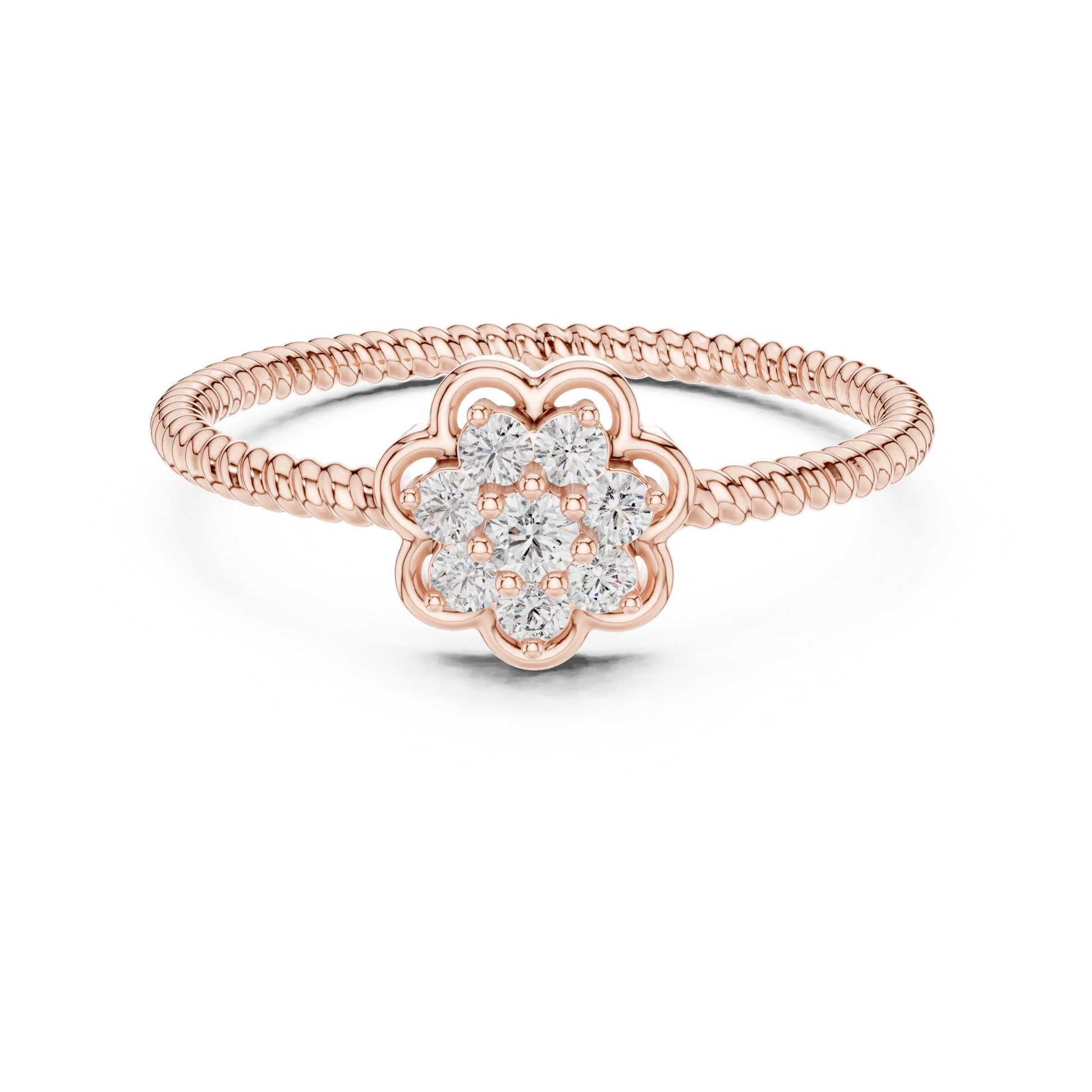 Rose gold floral moissanite diamond cluster ring with vintage flower design, perfect as an engagement or promise band.