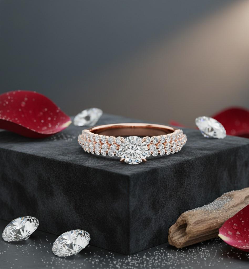Cubic Zirconia Engagement Ring – Triple Pavé Band | Gold, Rose Gold & Silver