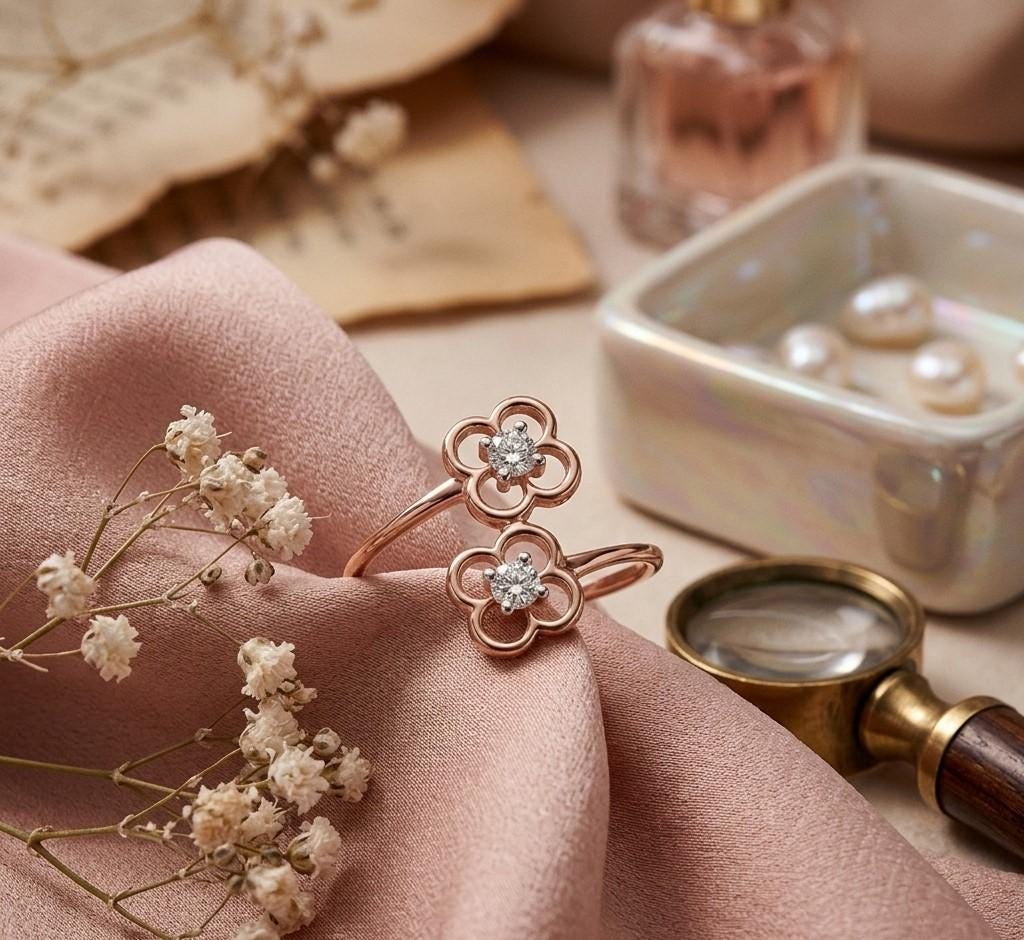 Rose gold Moissanite double flower ring with open floral design and stackable style, featuring minimalist diamond accents by Riora.