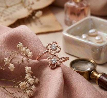 Rose gold Moissanite double flower ring with open floral design and stackable style, featuring minimalist diamond accents by Riora.