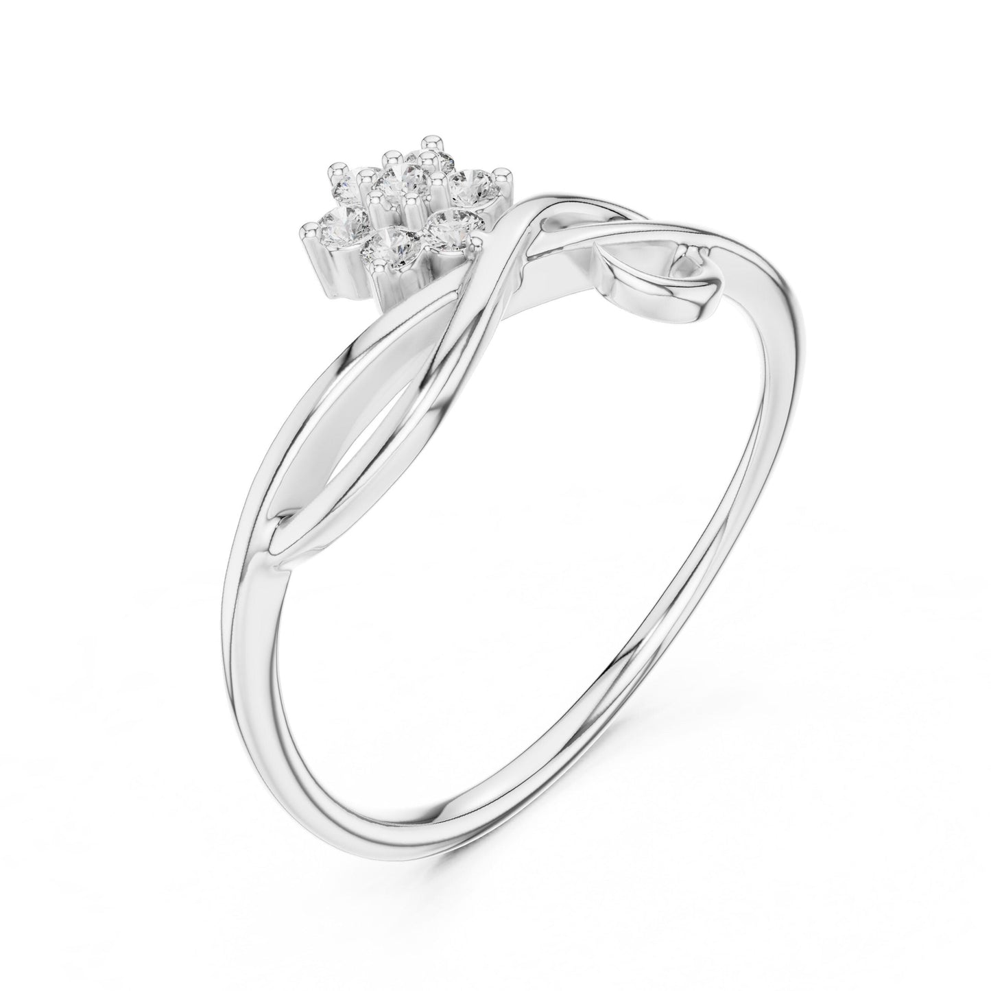 Riora Moissanite infinity flower ring with floral diamond cluster, delicate band in rose gold and silver, minimalist jewelry design