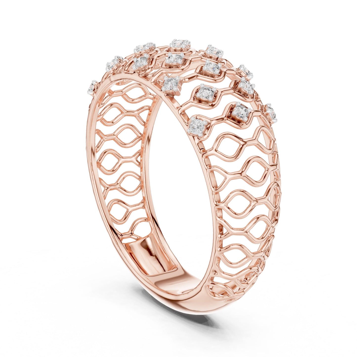 Riora moissanite wide lattice wedding band in rose gold, showcasing a diamond-look design for bridal and anniversary jewelry.