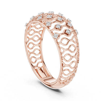 Riora moissanite wide lattice wedding band in rose gold, showcasing a diamond-look design for bridal and anniversary jewelry.