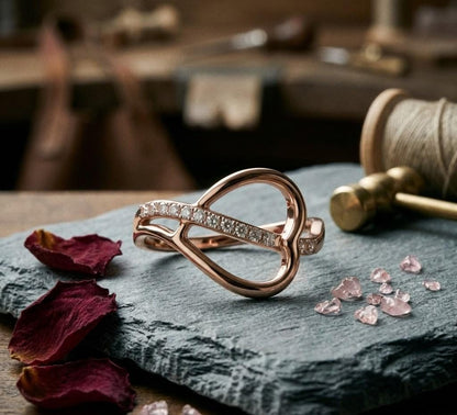 Elegant infinity moissanite ring by Riora featuring a knot design, perfect as a promise or anniversary gift for women.