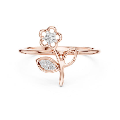 Riora moissanite flower ring with rose gold band featuring floral and botanical design, minimalist engagement or promise ring.