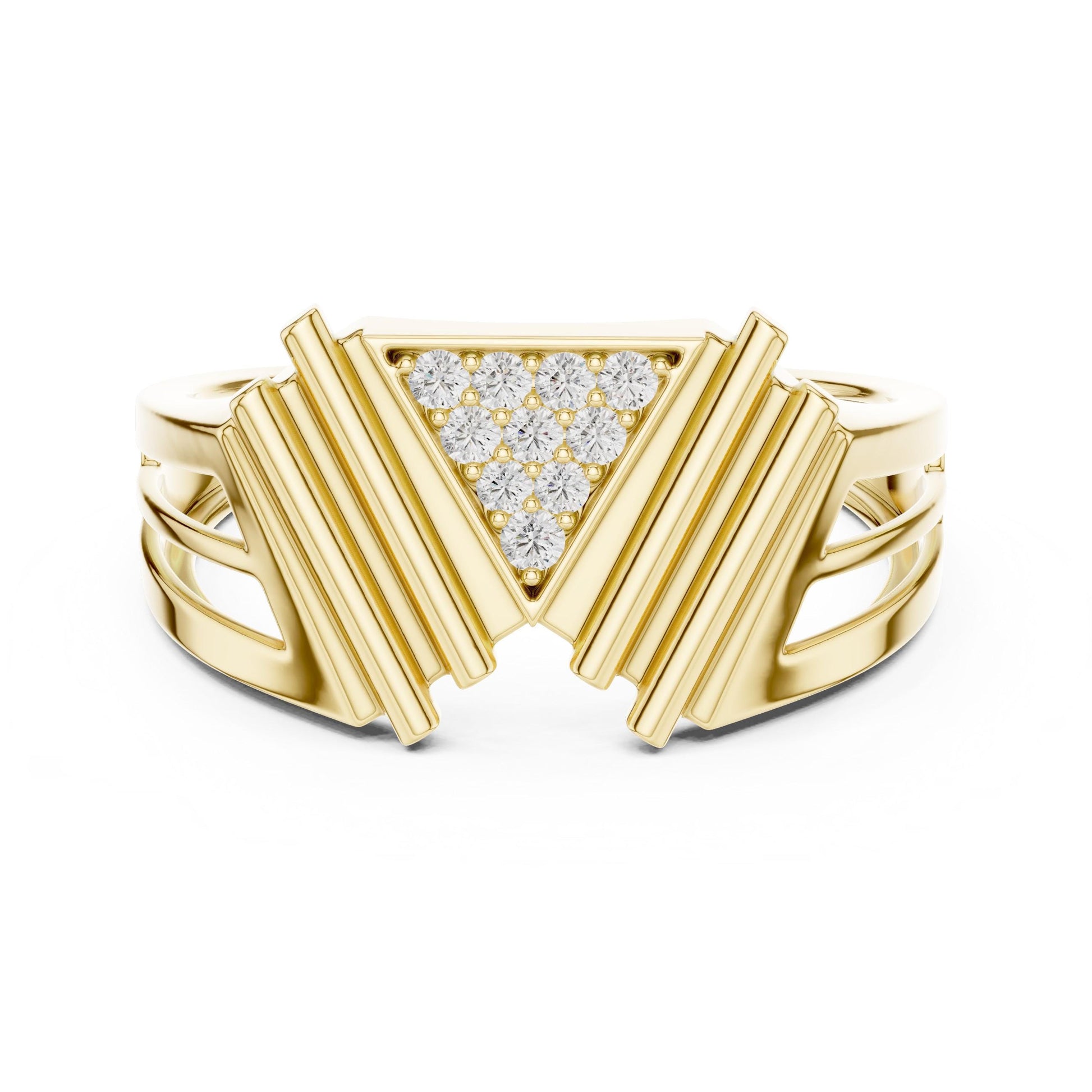 Riora geometric triangle moissanite diamond ring in rose gold, minimalist modern design, ideal as a women's promise gift.