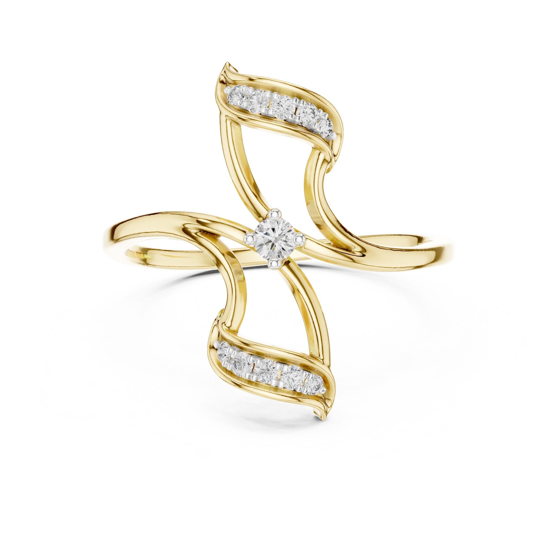 Rose gold Moissanite leaf twist ring with minimalist vine design, nature-inspired wedding band by Riora.