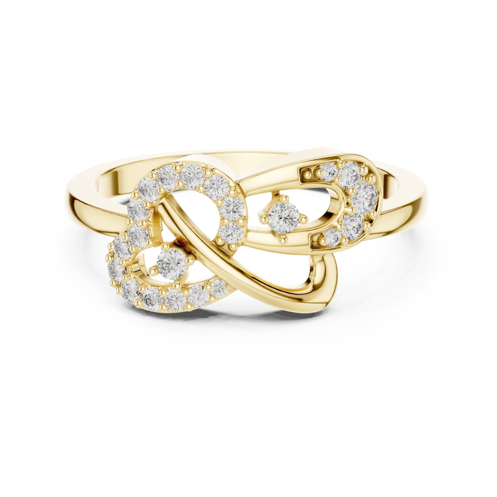 Rose gold infinity heart moissanite diamond ring by Riora, featuring a romantic minimalist design for love and anniversary jewelry.