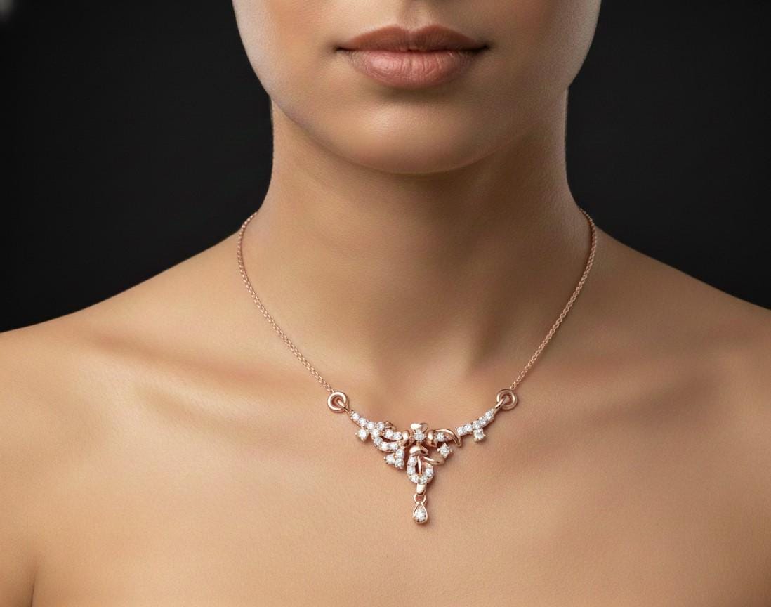Moissanite Floral Pendant Necklace, Rose Gold Silver, Adjustable Chain