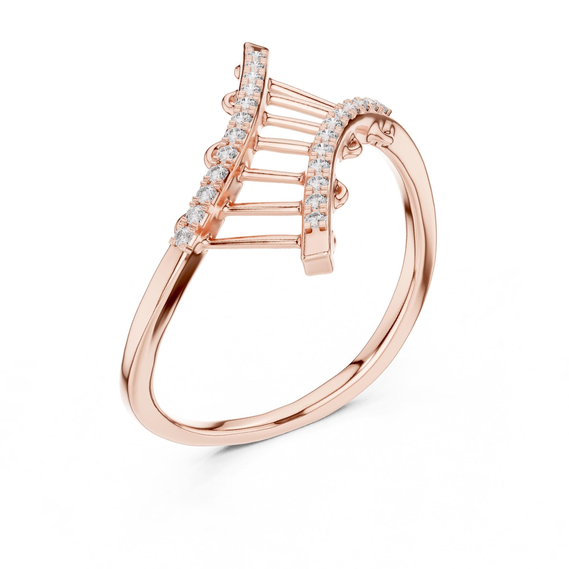Rose gold curved moissanite crossover ring with open ladder diamond accents, minimalist statement band by Riora