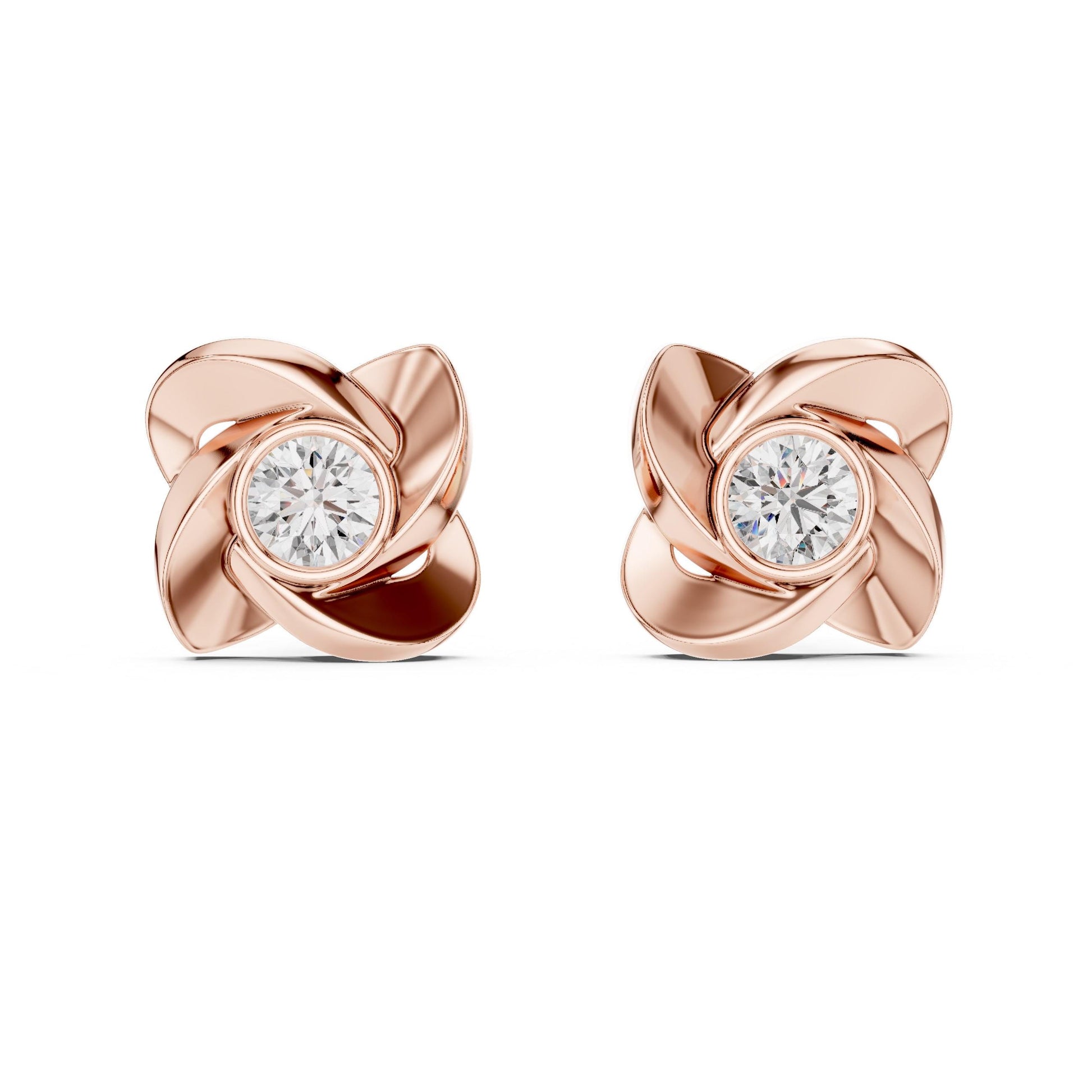 Riora floral moissanite diamond stud earrings in gold, rose, and silver with minimalist flower design, perfect for bridal jewelry.