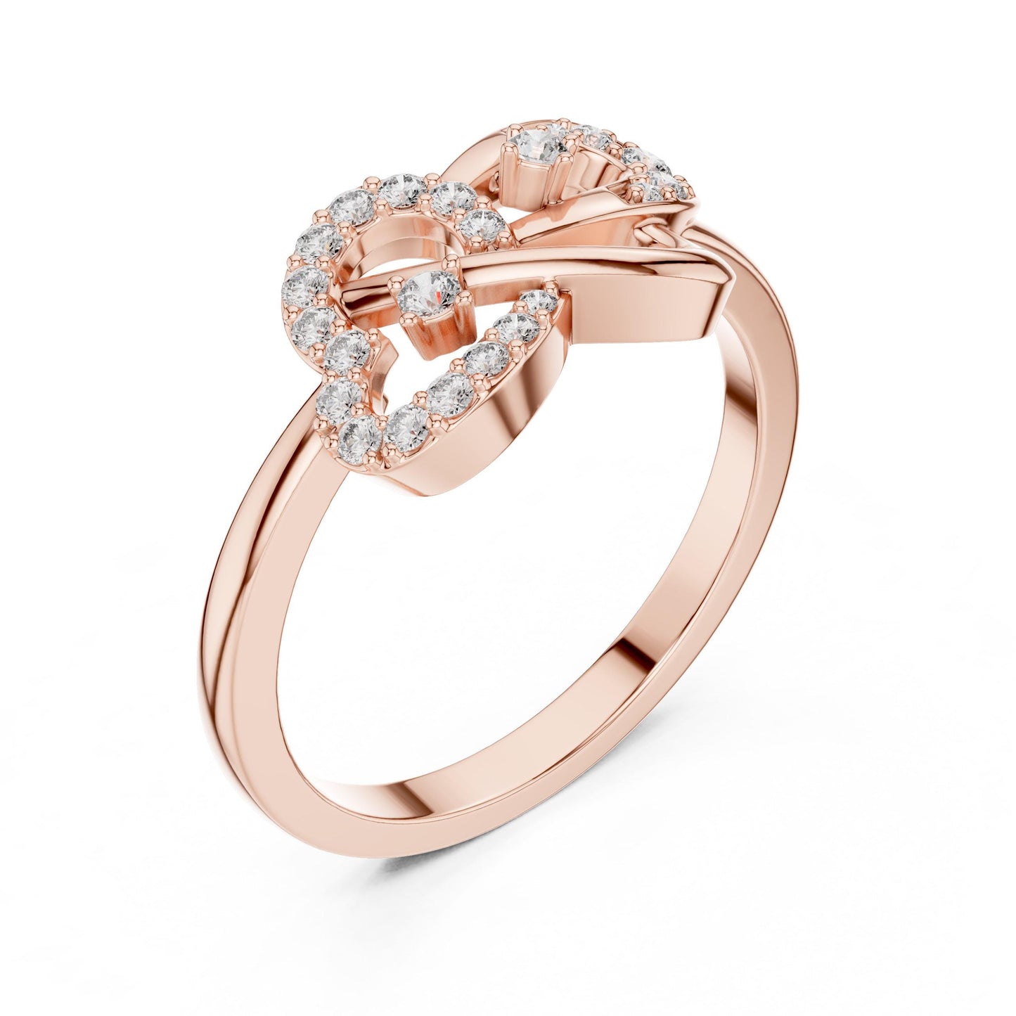 Rose gold infinity heart moissanite diamond ring by Riora featuring a romantic minimalist design for love and anniversary jewelry.
