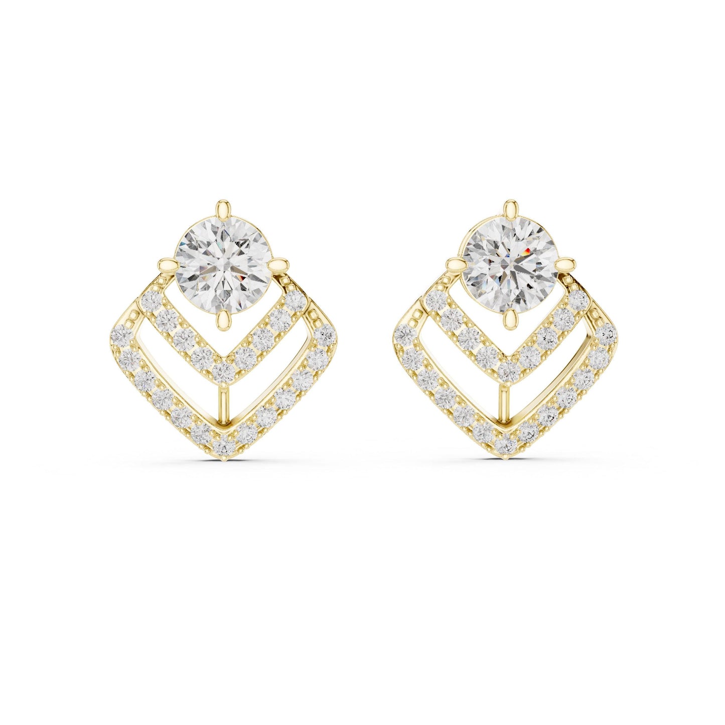 Geometric moissanite diamond stud earrings in gold and rose gold with minimalist triangle design, by Riora.