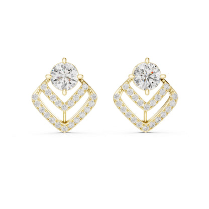 Geometric moissanite diamond stud earrings in gold and rose gold with minimalist triangle design, by Riora.