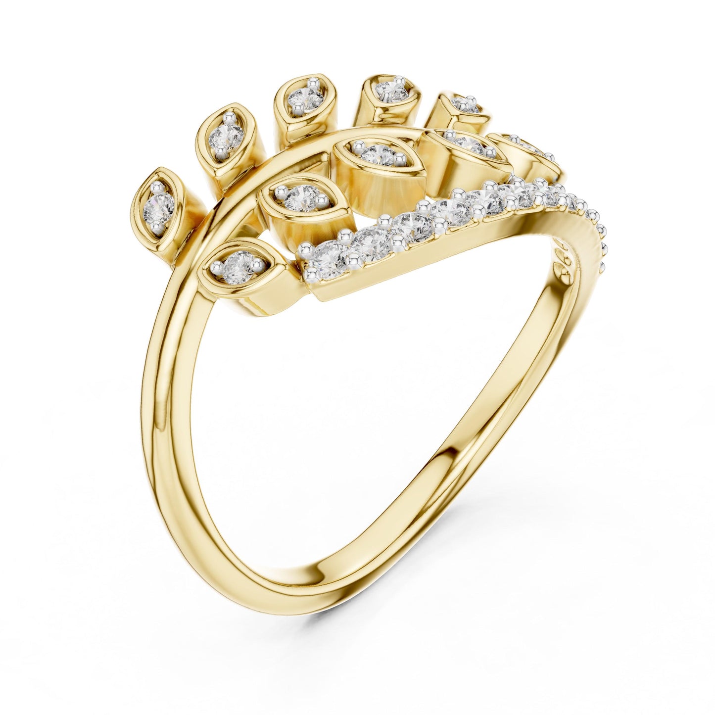 Riora Moissanite leaf wrap ring with gold and silver open band, nature-inspired botanical engagement ring featuring leaf design.