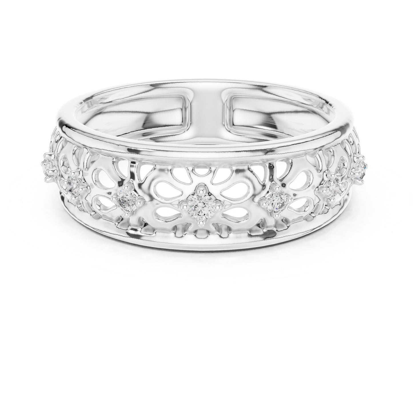 Riora vintage floral moissanite wedding band in rose gold, featuring delicate diamond-style detailing for bridal stack rings