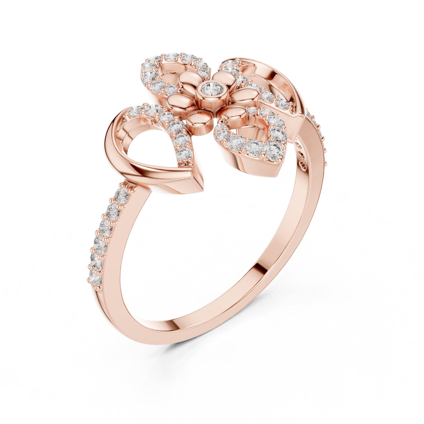 Rose gold floral moissanite diamond ring with vintage flower design, bridal engagement band by Riora, statement jewelry piece
