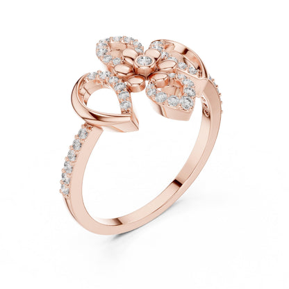 Rose gold floral moissanite diamond ring with vintage flower design, bridal engagement band by Riora, statement jewelry piece