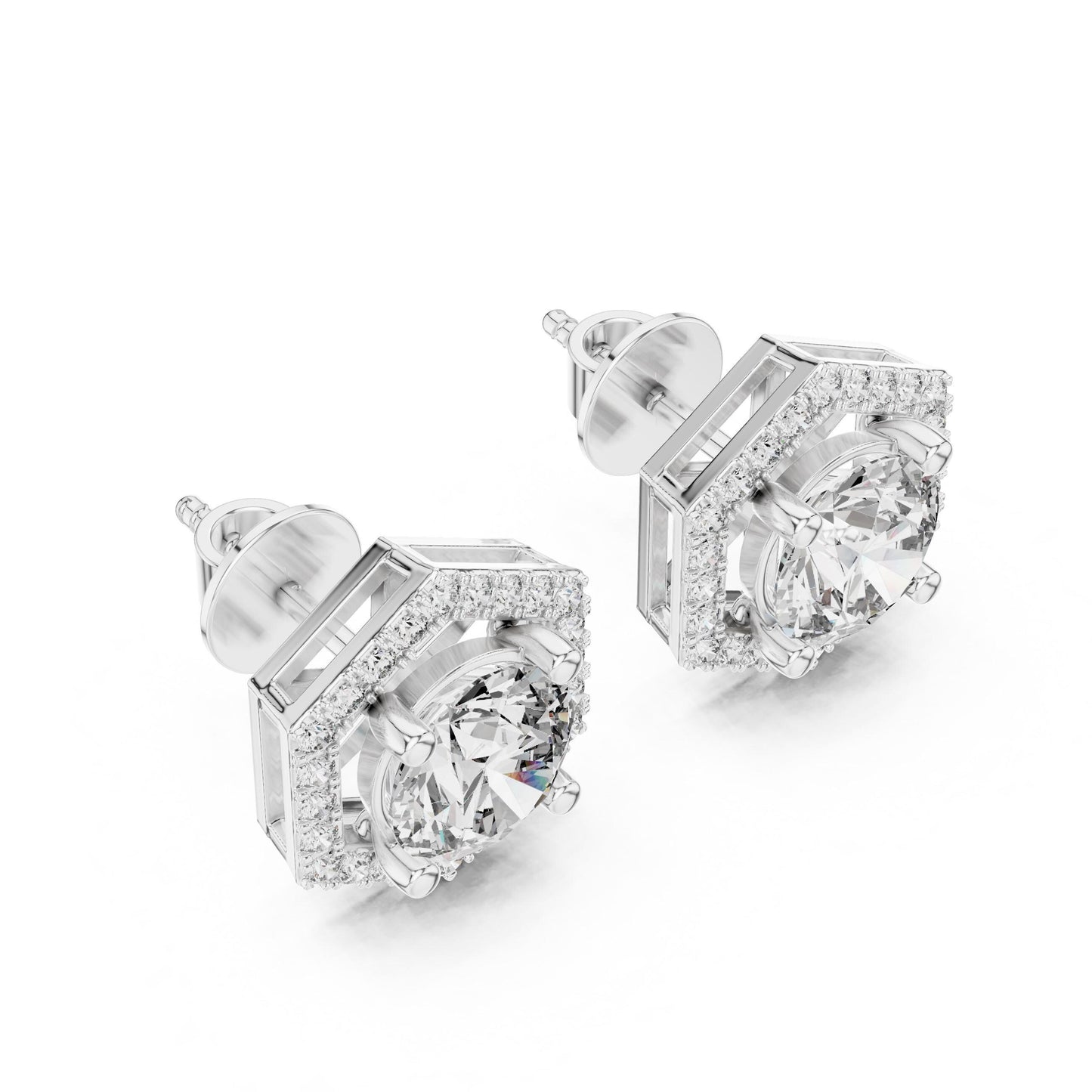 Riora hexagon moissanite diamond stud earrings in rose gold and silver, minimalist geometric jewelry with dainty design.