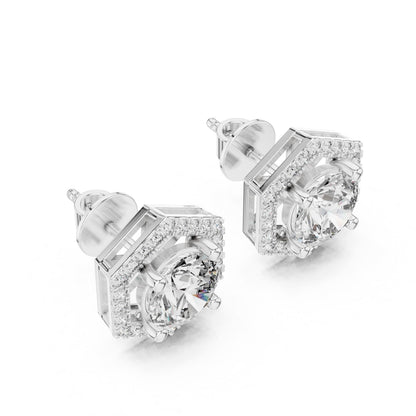 Riora hexagon moissanite diamond stud earrings in rose gold and silver, minimalist geometric jewelry with dainty design.
