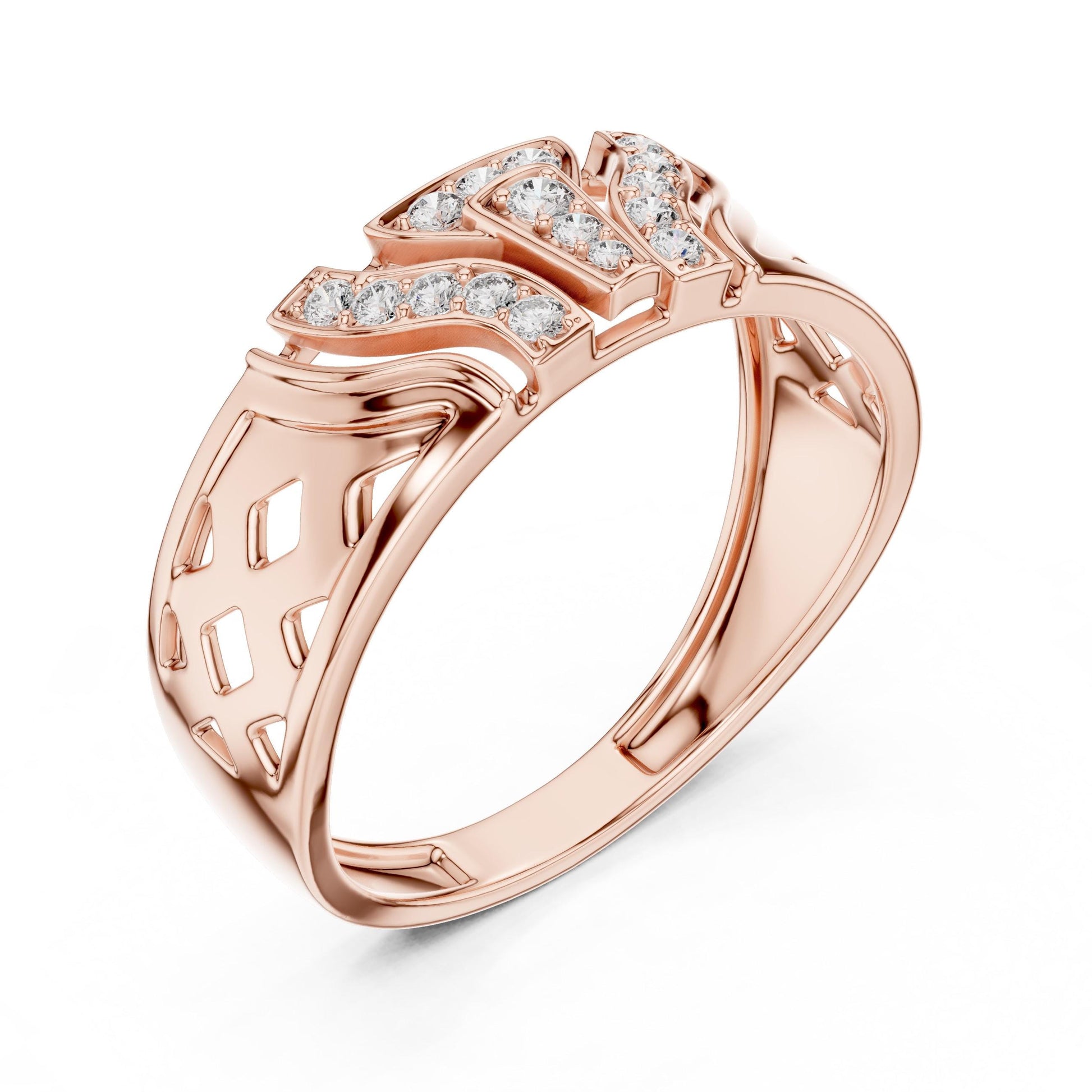 Riora gold rose moissanite statement cocktail ring with large sparkling stone, elegant design for wedding or party jewelry.