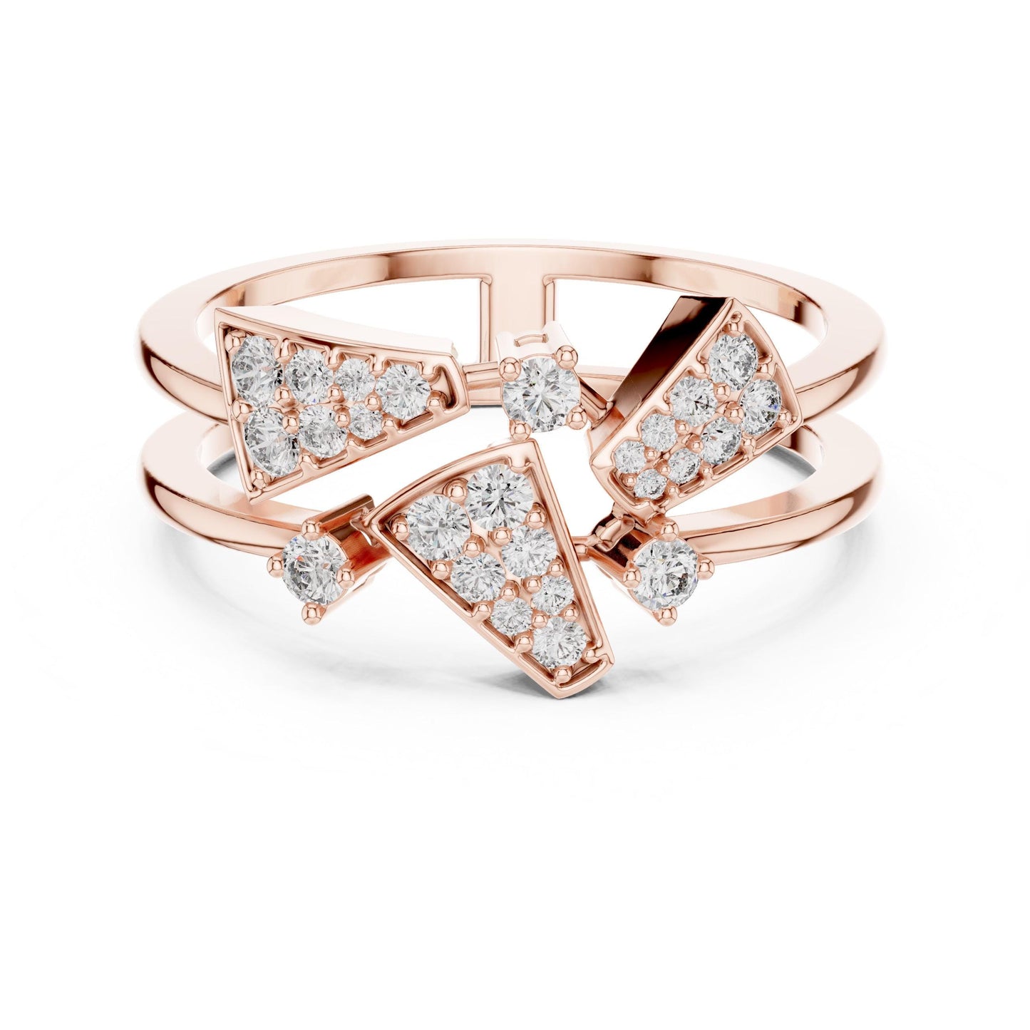 Geometric moissanite diamond statement ring in rose gold by Riora, modern bold designer jewelry for women.