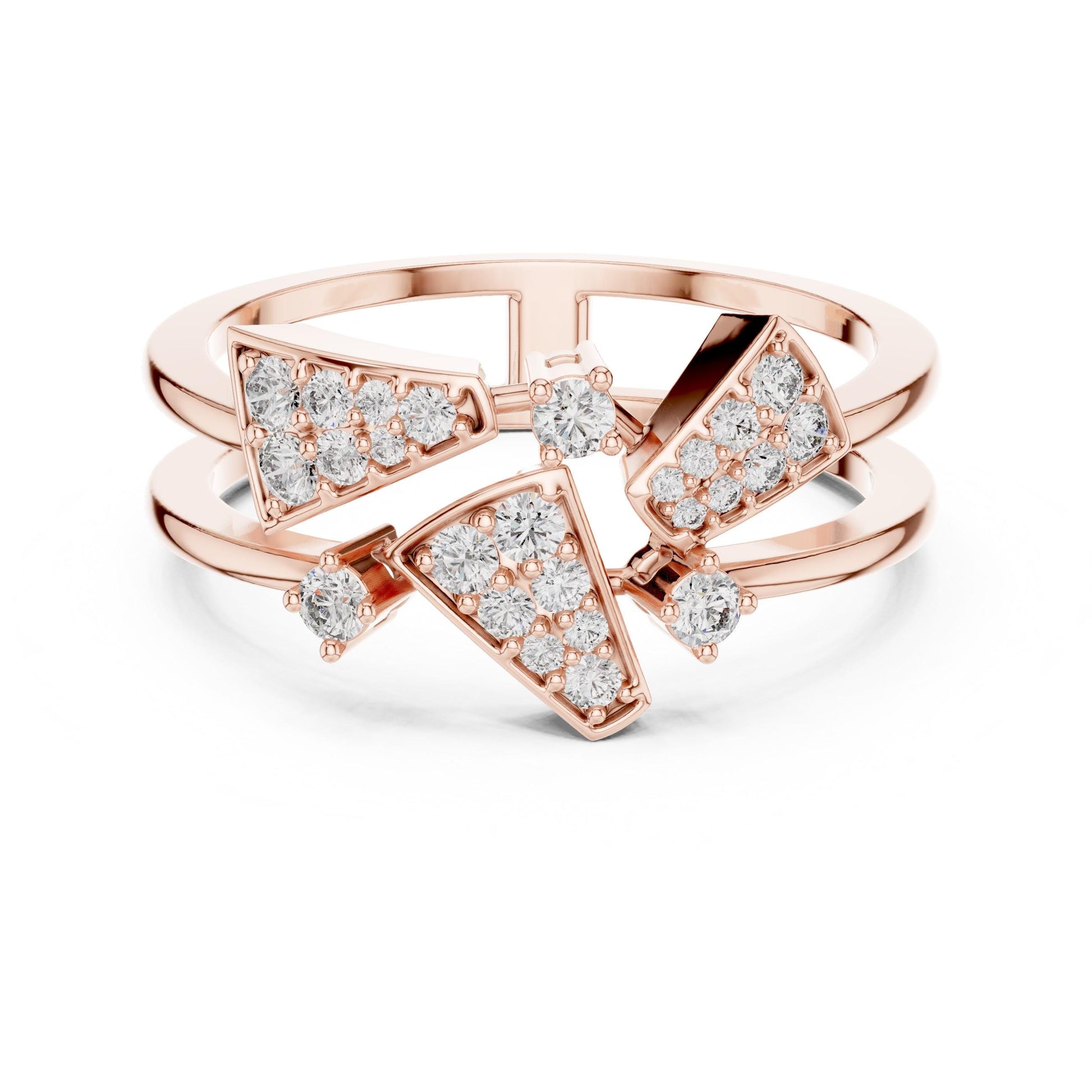 Geometric moissanite diamond statement ring in rose gold by Riora, modern bold designer jewelry for women.