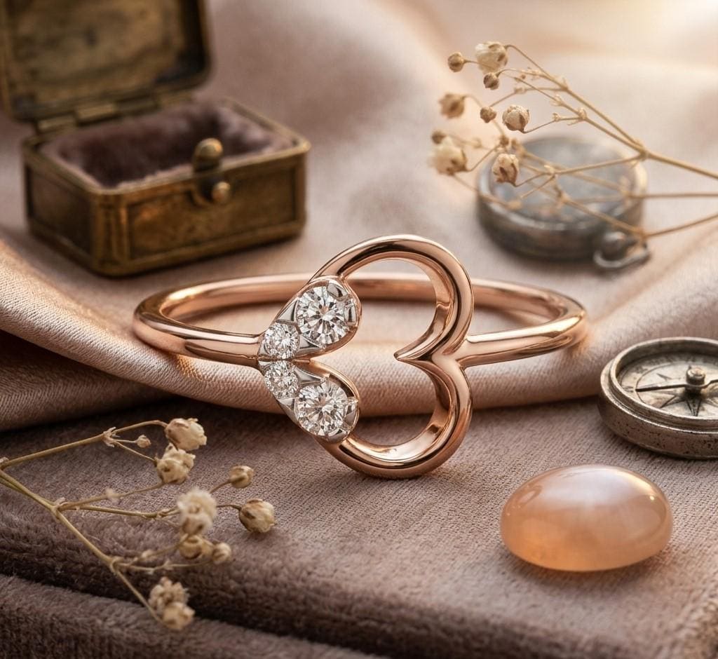 Riora moissanite open heart romantic minimalist ring in rose gold and silver, ideal for anniversary gift for her.