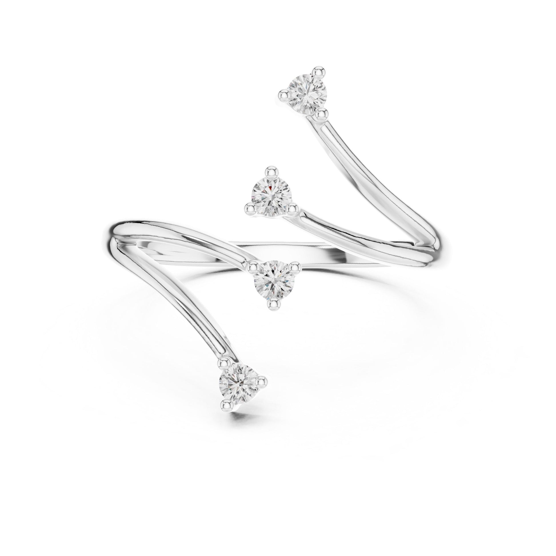 Riora moissanite open wrap ring with minimalist diamond style curved band in gold, rose gold, and silver jewelry tones.