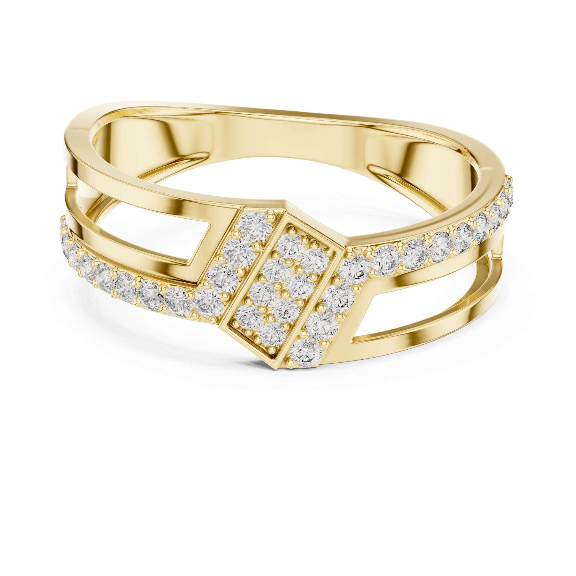 Riora modern CZ split shank geometric ring in gold, rose, and silver with statement design for anniversary or special occasions.